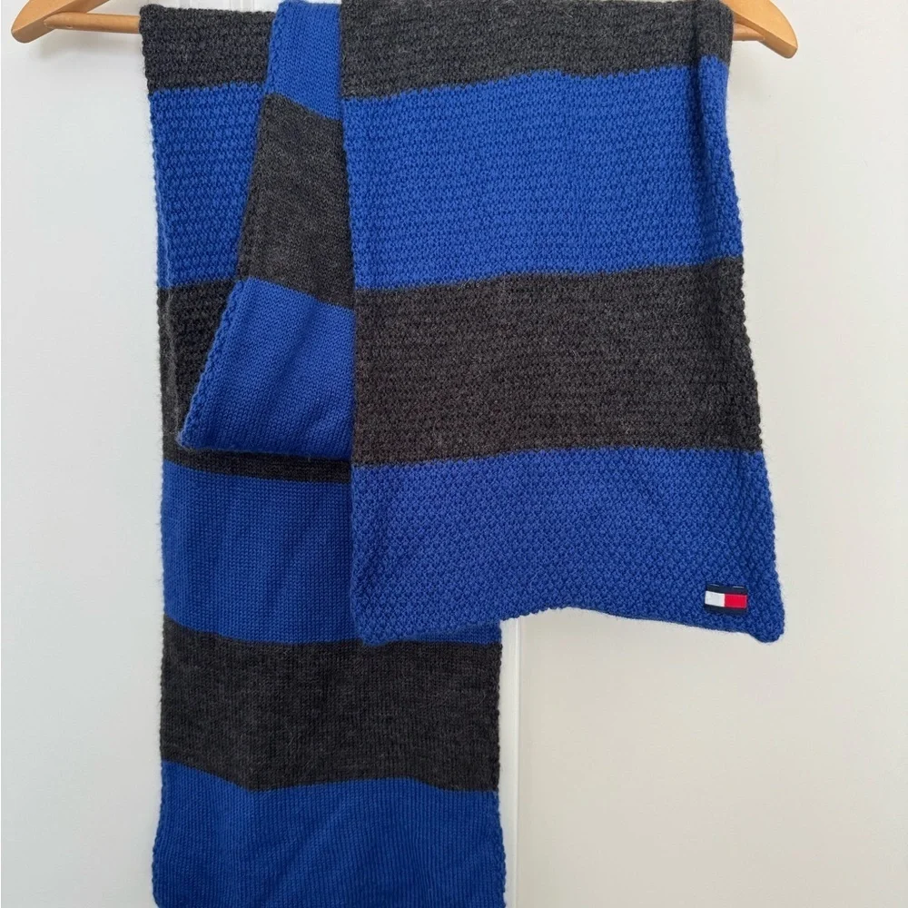Tommy Hilfiger Blue and Gray Striped Wool Scarf